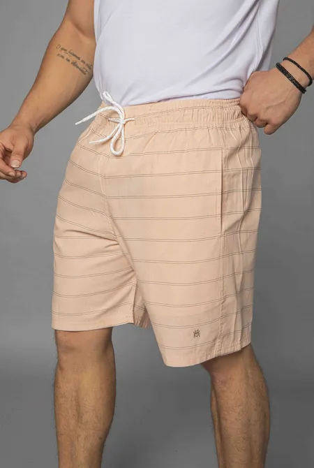 Short Linho Blend Listrado Rosa Areia