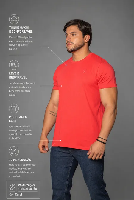 Camiseta Manga Curta Slim Logo Bordado Coral