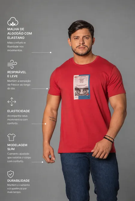 Camiseta Confort MC Slim Estampada Vermelho