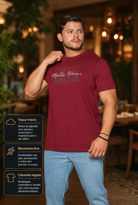 Camiseta Confort Manga Curta Regular Estampada Gola Redonda Borgonha Camiseta Confort Manga Curta Regular Estampada Gola Redonda Borgonha
