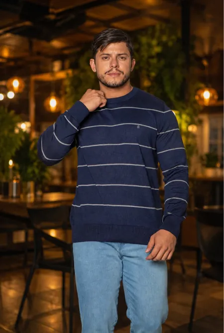 Tricot Manga Longa Gola Redonda Listrado Azul Noturno