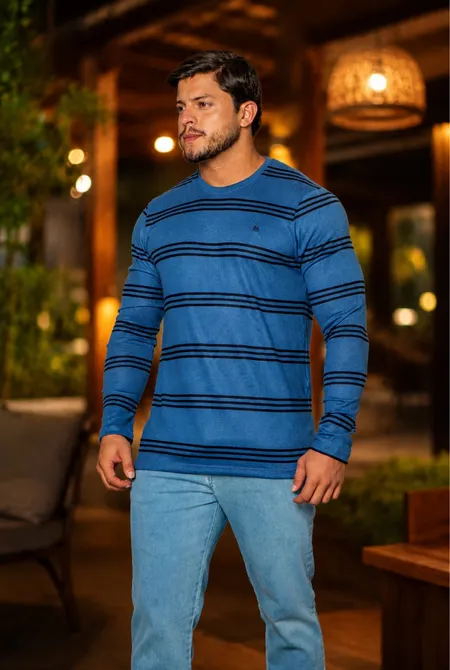 Tricot Manga Longa Slim Gola Redonda Listrado Azul Madrugada