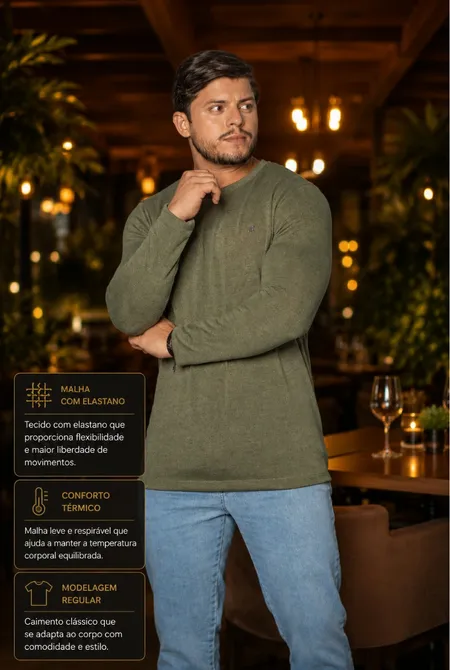 Tricot Manga Longa Gola Redonda Verde Oliva Louro