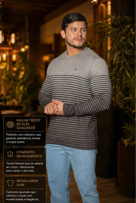 Tricot Manga Longa Slim Gola Redonda Degradê Listrado Cinza Concreto Tricot Manga Longa Slim Gola Redonda Degradê Listrado Cinza Concreto