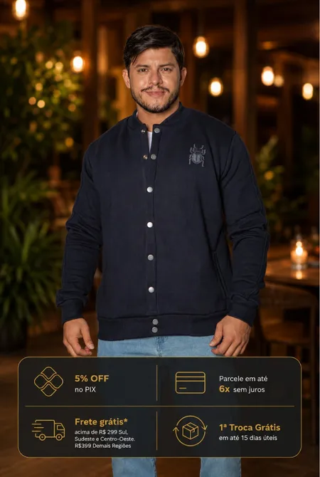 Jaqueta Bomber College Botões Azul Náutico Jaqueta Bomber College Botões Azul Náutico