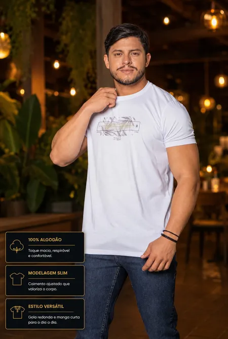 Camiseta Manga Curta Slim Estampada Gola Redonda Branco Camiseta Manga Curta Slim Estampada Gola Redonda Branco