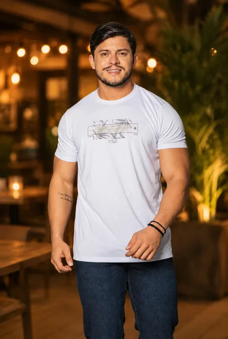 Camiseta Manga Curta Slim Estampada Gola Redonda Branco
