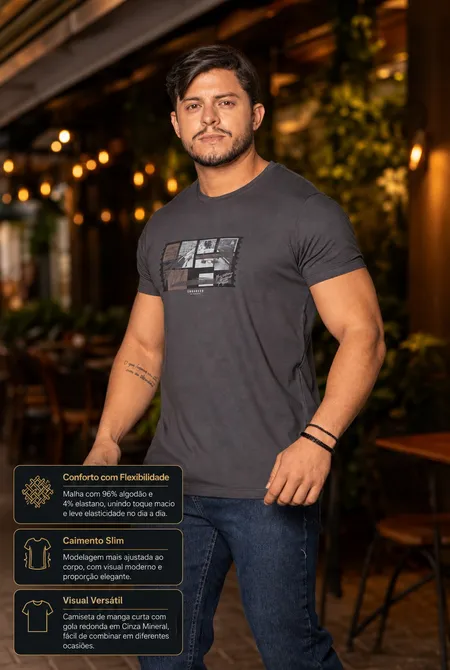 Camiseta Confort Slim Estampada Cinza Camiseta Confort Slim Estampada Cinza