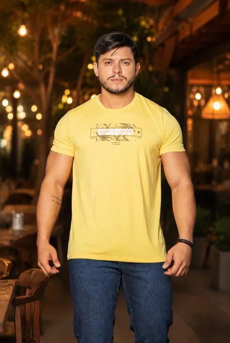 Camiseta Manga Curta Slim Estampada Gola Redonda Amarelo Melão