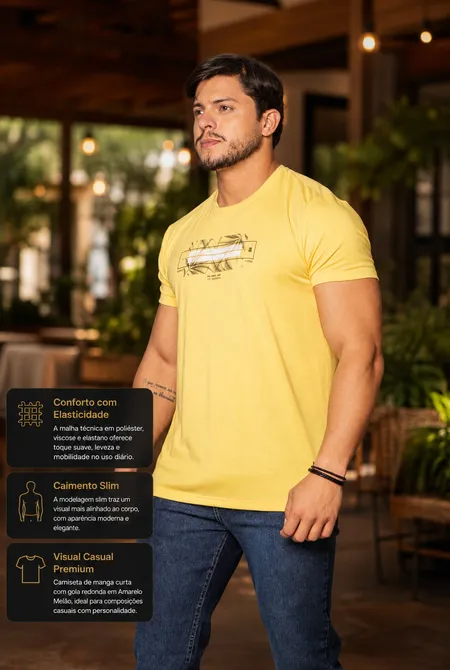 Camiseta Manga Curta Slim Estampada Gola Redonda Amarelo Melão Camiseta Manga Curta Slim Estampada Gola Redonda Amarelo Melão