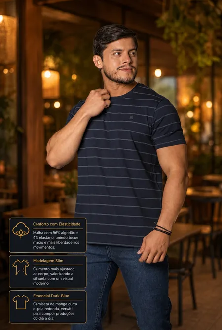 Camiseta Confort Manga Curta Slim Listrada Gola Redonda Dark-Blue Camiseta Confort Manga Curta Slim Listrada Gola Redonda Dark-Blue