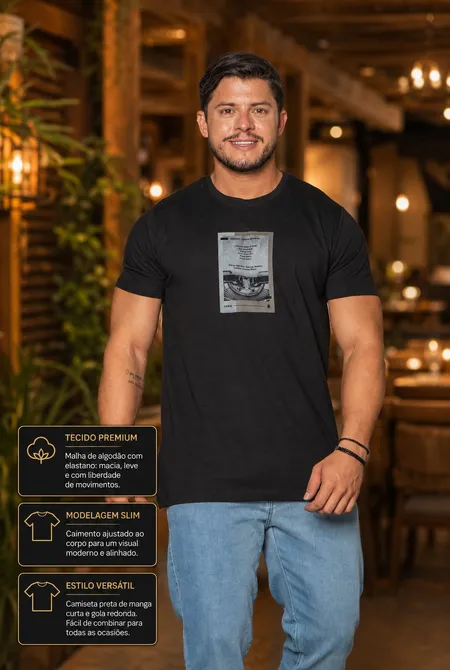 Camiseta Confort MC Slim Estampada Preta Camiseta Confort MC Slim Estampada Preta