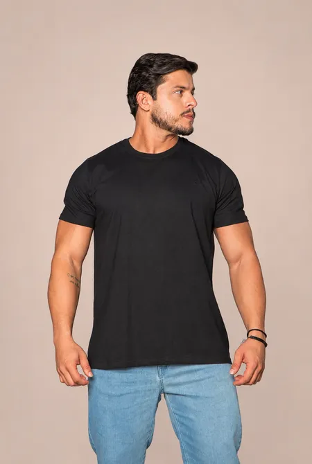 Camiseta Manga Curta Regular Gola Redonda Logo Bordada Preto