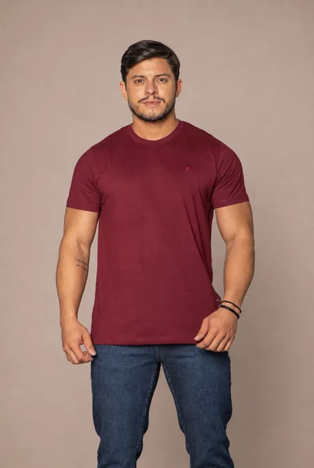 Camiseta Manga Curta Regular Gola Redonda Logo Bordada Borgonha