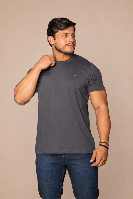 Camiseta Manga Curta Regular Gola Redonda Logo Bordada Cinza Intenso
