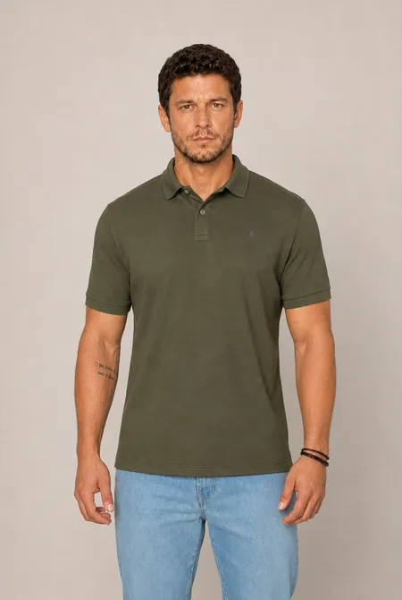 Polo Manga Curta Regular Logo Bordada Verde Exercito