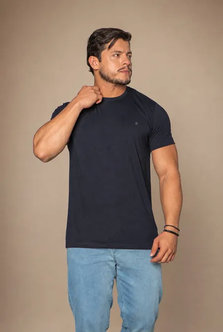 Camiseta Malha Tech MC Slim  Logo Bordada Dark-Blue