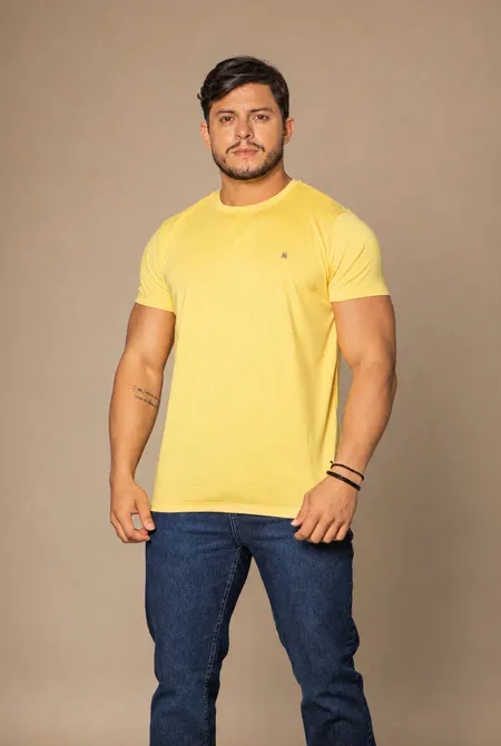 Camiseta Malha Tech MC Slim  Logo Bordada Amarelo Melão