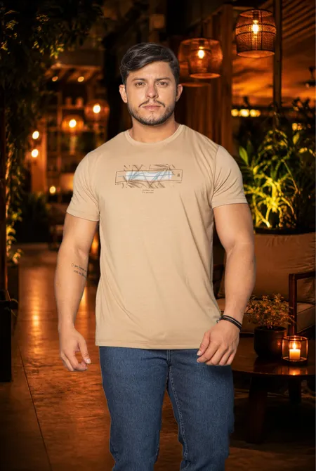 Camiseta Manga Curta Slim Estampada Gola Redonda Amarelo Conhaque