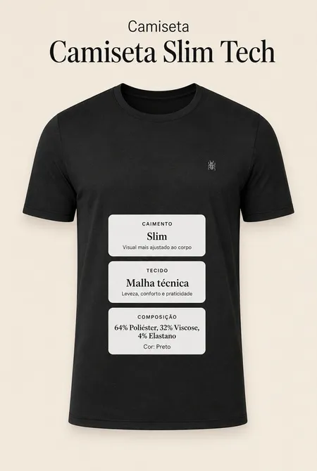 Camiseta Malha Tech MC Slim Logo Bordada Preto Camiseta Malha Tech MC Slim Logo Bordada Preto