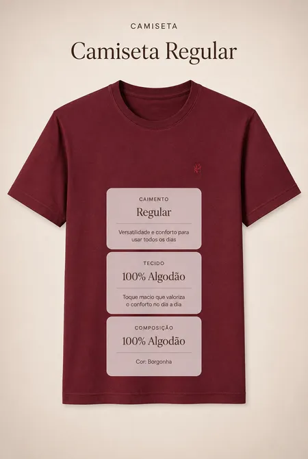 Camiseta Manga Curta Regular Gola Redonda Logo Bordada Borgonha