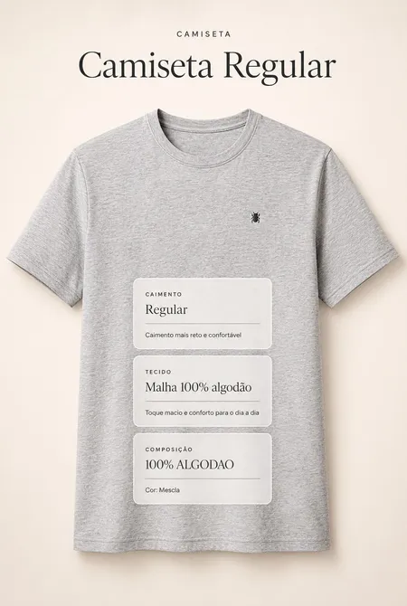 Camiseta Manga Curta Regular Gola Redonda Logo Bordada Mescla
