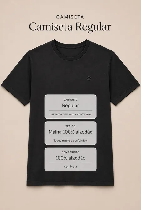 Camiseta Manga Curta Regular Gola Redonda Logo Bordada Preto