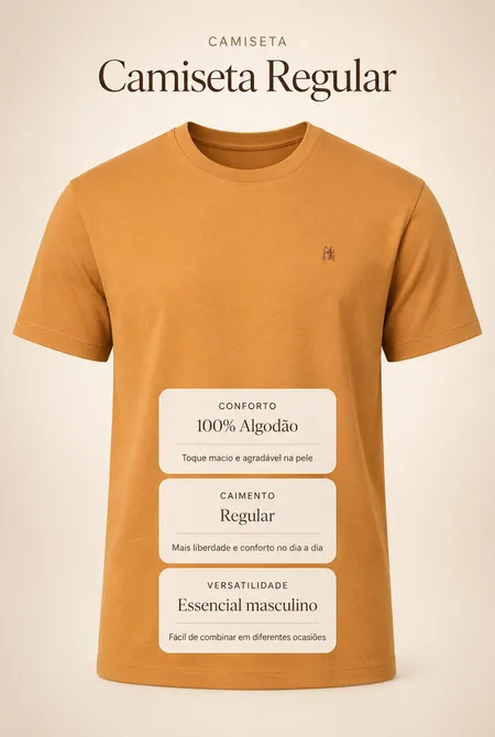 Camiseta Manga Curta Regular Gola Redonda Logo Bordada Caramelo Escuro