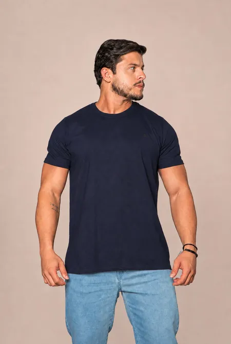 Camiseta Manga Curta Regular Gola Redonda Logo Bordada Dark-Blue
