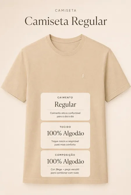 Camiseta Manga Curta Regular Gola Redonda Logo Bordada Bege