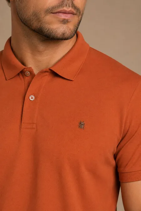 Polo Manga Curta Regular Logo Bordada Ferrugem Polo Manga Curta Regular Logo Bordada Ferrugem