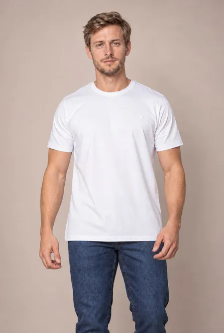 Camiseta Manga Curta Regular Gola Redonda Logo Bordada - Branco