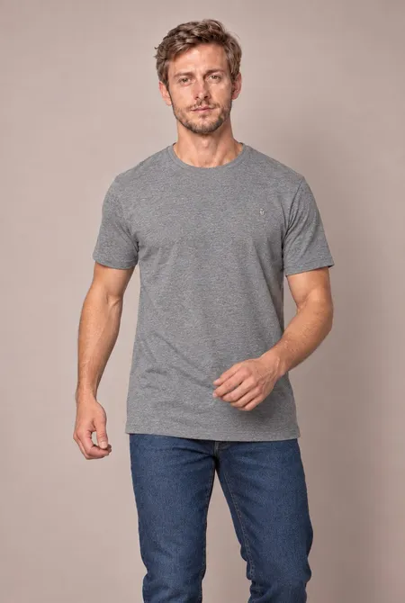 Camiseta Manga Curta Regular Gola Redonda Logo Bordada - Mescla