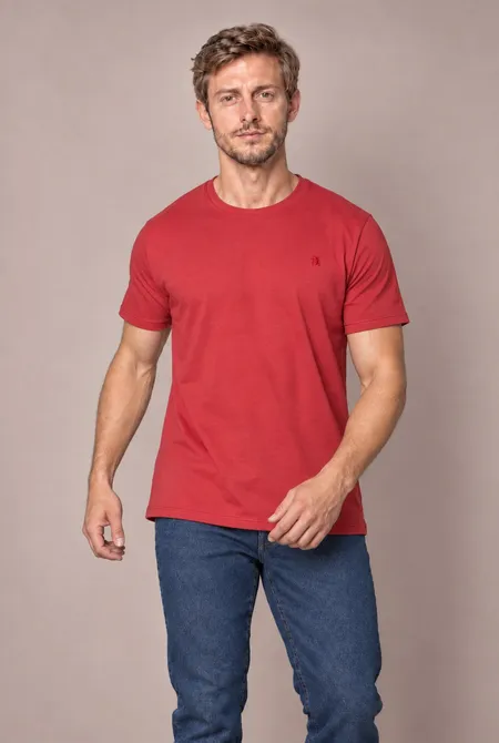 Camiseta Manga Curta Regular Gola Redonda Logo Bordada - Vermelho Melancia