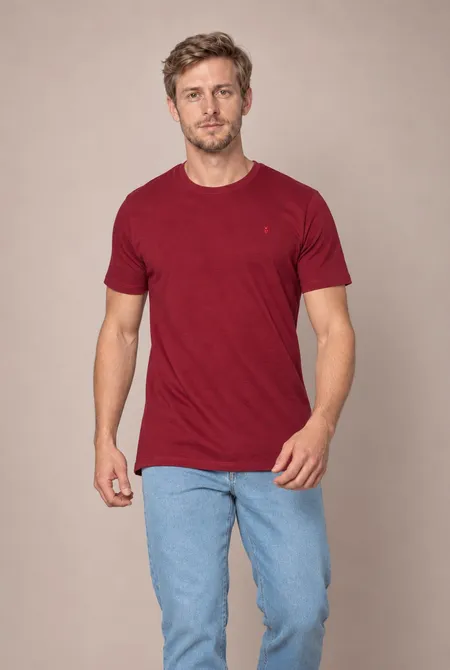 Camiseta Manga Curta Regular Gola Redonda Logo Bordada - Borgonha