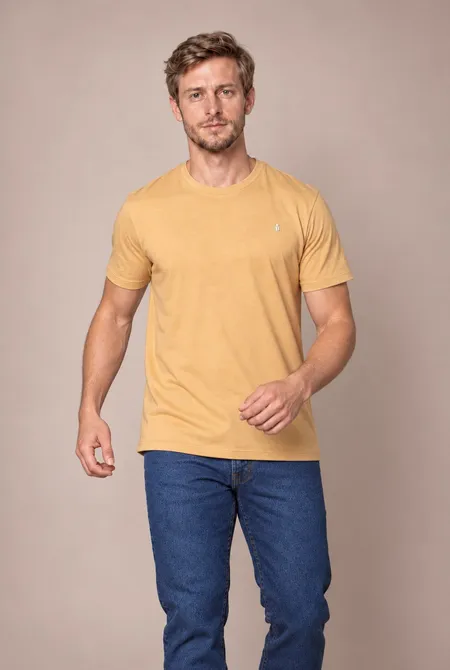 Camiseta Manga Curta Regular Gola Redonda Logo Bordada - Marrom Suave Falésia