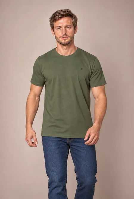 Camiseta Manga Curta Regular Gola Redonda Logo Bordada - Verde Militar
