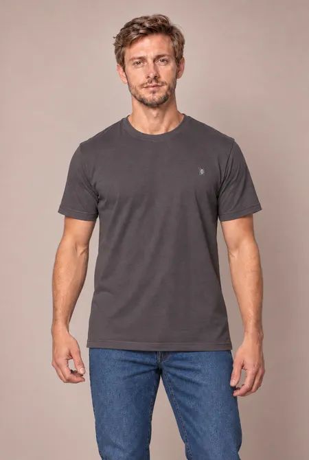 Camiseta Manga Curta Regular Gola Redonda Logo Bordada - Cinza Escuro Mineral