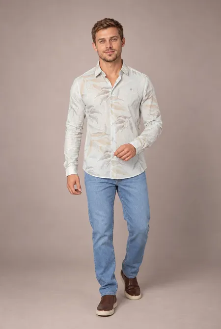Camisa Manga Longa Slim Floral Off White Azulejo