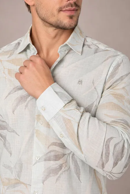 Camisa Manga Longa Slim Floral Off White Azulejo