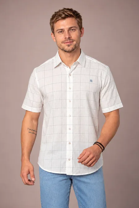 Camisa Manga Curta Regular Xadrez Off White Gelo