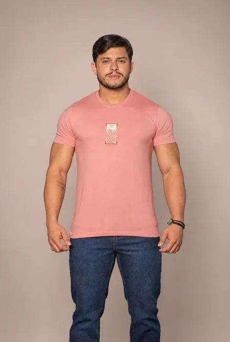 Camiseta Manga Curta Slim Estampada Gola Redonda Rosa Flamingo