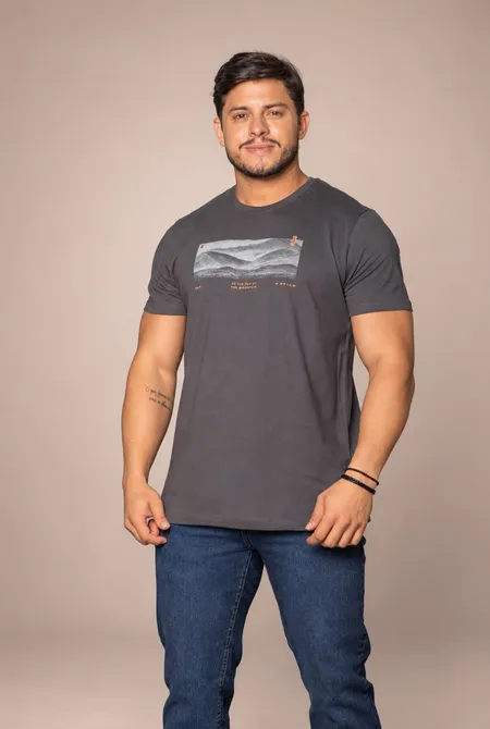 Camiseta Manga Curta Regular Estampada Cinza Intenso