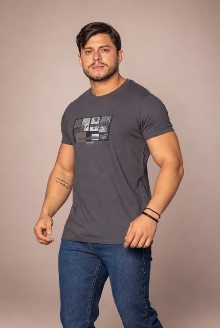 Camiseta Confort  Slim Estampada Cinza