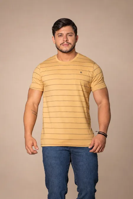 Camiseta Confort Manga Curta Slim Listrada Gola Redonda Areia Falésia