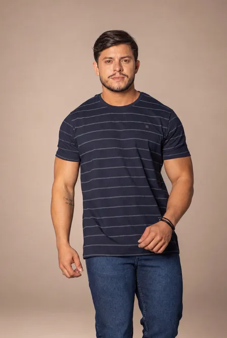 Camiseta Confort Manga Curta Slim Listrada Gola Redonda Dark-Blue