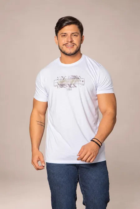 Camiseta Manga Curta Slim Estampada Gola Redonda Branco