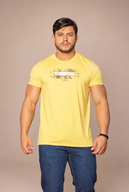Camiseta Manga Curta Slim Estampada Gola Redonda Amarelo Melão