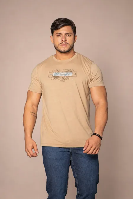 Camiseta Manga Curta Slim Estampada Gola Redonda Amarelo Conhaque