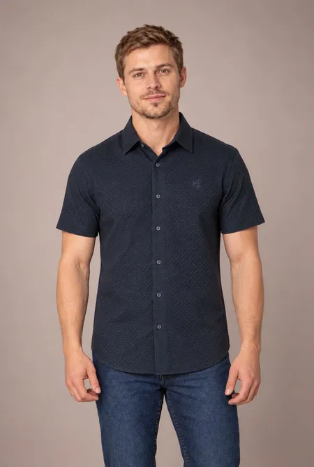 Camisa Manga Curta Slim Azul Nautico